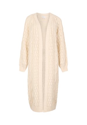 Cardigan long en beige créme, à ouverture frontale. Texture tricotée avec des motifs en losanges et en câble. Doté de manches longues et d'une coupe décontractée.