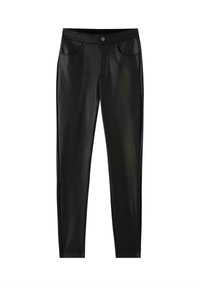 Schwarze Kunstlederhosen mit einem figurbetonten Design, ausgestattet mit zwei Fronttaschen und einem Knopfverschluss an der Taille, glatte Textur und eleganter Finish.