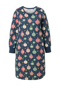 Camicia da notte a maniche lunghe in blu navy con un motivo ornamentale festivo in rosso, verde e bianco. Tessuto morbido con scollo rotondo e polsini a costine.