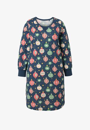 Nachtjapon met lange mouwen in marineblauw met een feestelijk ornamentpatroon in rood, groen en wit. Zachte stof met een ronde halslijn en geribde manchetten.