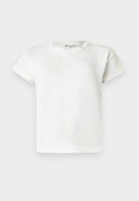 T-shirt en coton blanc uni à manches courtes avec encolure ronde, présenté sur un fond gris clair.