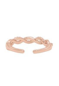 Anello in tonalità oro rosa con design attorcigliato, bordi lisci e estremità aperte, che mette in risalto un aspetto elegante e minimalista.