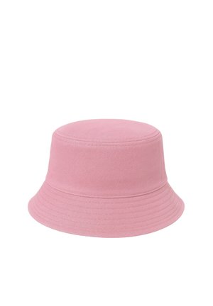 Soft pink cotton bucket hat with stitched brim and rounded crown, shown against a white background.