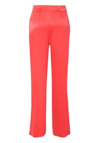 Rode, lichte, wijde broek met een elastische tailleband en een gladde satijnen textuur. Rechte snit zonder zichtbare zakken of versieringen.