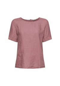 Blouse en lin rose poussiéreux à manches courtes avec encolure ronde et fermeture boutonnée au dos, présentée sur un fond blanc.