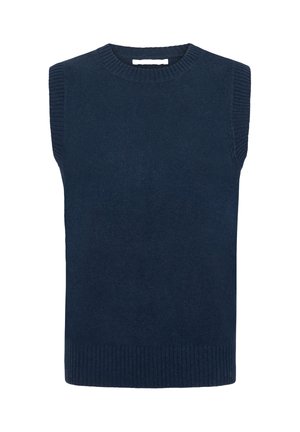 Navyblaues ärmelloses Stricktop mit geripptem Halsausschnitt und Saum. Verfügt über einen strukturierten Stoff und ein gerades Schnittdesign.