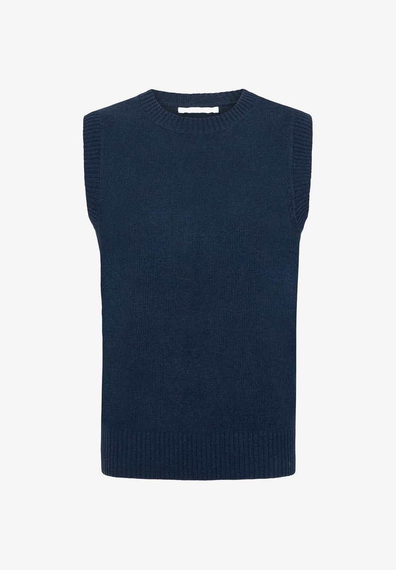 Maglione senza maniche in maglia blu navy con scollatura e orlo a costine. Presenta un tessuto testurizzato e un design a vestibilità dritta.