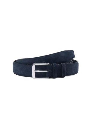 Navy suede belt with a silver-tone metal buckle, featuring a smooth texture and classic design, suitable for various outfits.