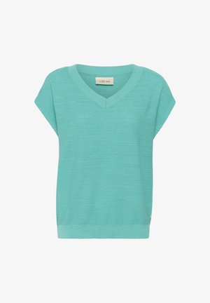 Turquoise knitted short-sleeve sweater with V-neck and ribbed hem, displayed against white background.