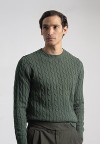 Jersey de punto verde con un diseño texturizado, cuello redondo y mangas largas, combinado con pantalones oscuros.