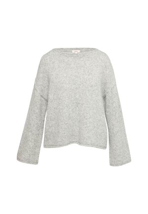 Jasnobeżowy sweter robiony na drutach o luźnym kroju, szerokim dekolcie w łódkę i długich rękawach. Teksturowana tkanina z delikatnym wzorem na całej powierzchni.