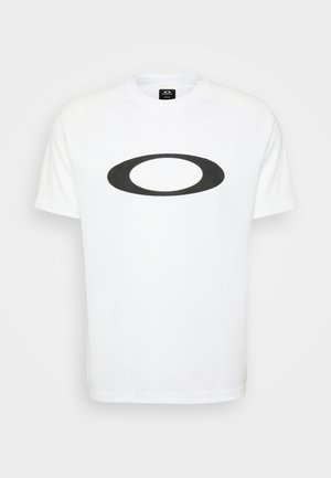 Valkoinen lyhythihainen t-paita, jossa on musta soikea logo edessä. Valmistettu sileästä kankaasta, jossa on pyöreä kaula-aukko ja virtaviivainen muotoilu.