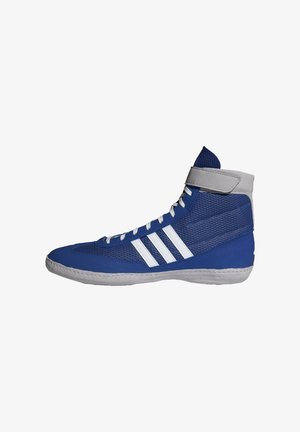 Blue high-top athletic shoe made of mesh and synthetic material, featuring white stripes, a gray ankle strap, and a textured outsole.