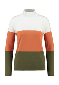 Rullekrave-striktrøje lavet af blødt stof med horisontale striber i hvid, orange og mørkegrøn. Ribstrikket hals og manchetter.