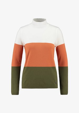 Coltrui gemaakt van zachte stof, met horizontale strepen in wit, oranje en donkergroen. Geribbelde kraag en manchetten.