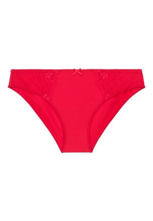 Rode bikini slip van soepele stof, met kanten zijpanelen en een klein strikje in het midden achter, met een lage taille.