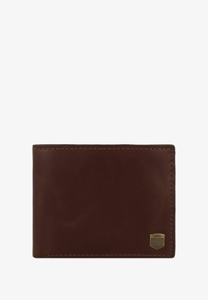 Brown leather wallet with a smooth texture, stitched edges, and a small metal logo accent at the bottom right corner.