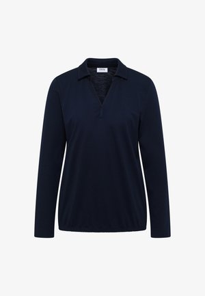 Marinblå långärmad polo med V-ringning och krage, tillverkad av mjukt material, med en avslappnad passform och utan synliga mönster eller hårdvara.