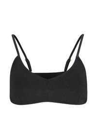 Sort ribbet bralette med V-halsdesign, justerbare stropper og en sømløs finish for komfort og en glat silhuet.