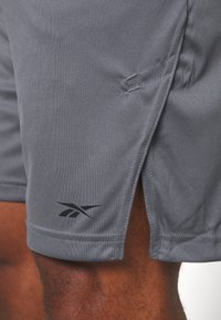 Grå sportshorts gjorda av ett slätt, lätt material. Har en sidoöppning för enkel rörelse och en svart logotyp nära fållen.