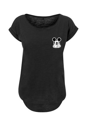 Zwarte T-shirt met opgerolde mouwen, voorzien van een witte Mickey Mouse grafiek op de linkerborst. Zachte stof, ontspannen pasvorm, afgeronde zoom.