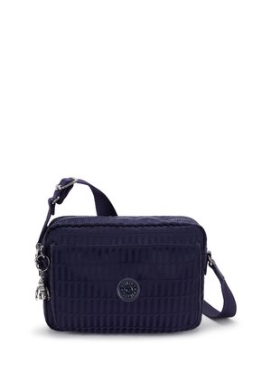 Navy rectangular crossbody bag made of textured fabric, featuring a zip closure, adjustable strap, and a logo accent on the front.