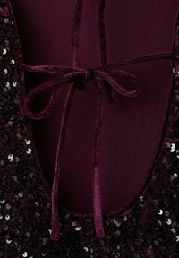 Robe bordeaux avec un décolleté plongeant orné de sequins, un détail de nœud en velours texturé et un fond en tissu lisse.