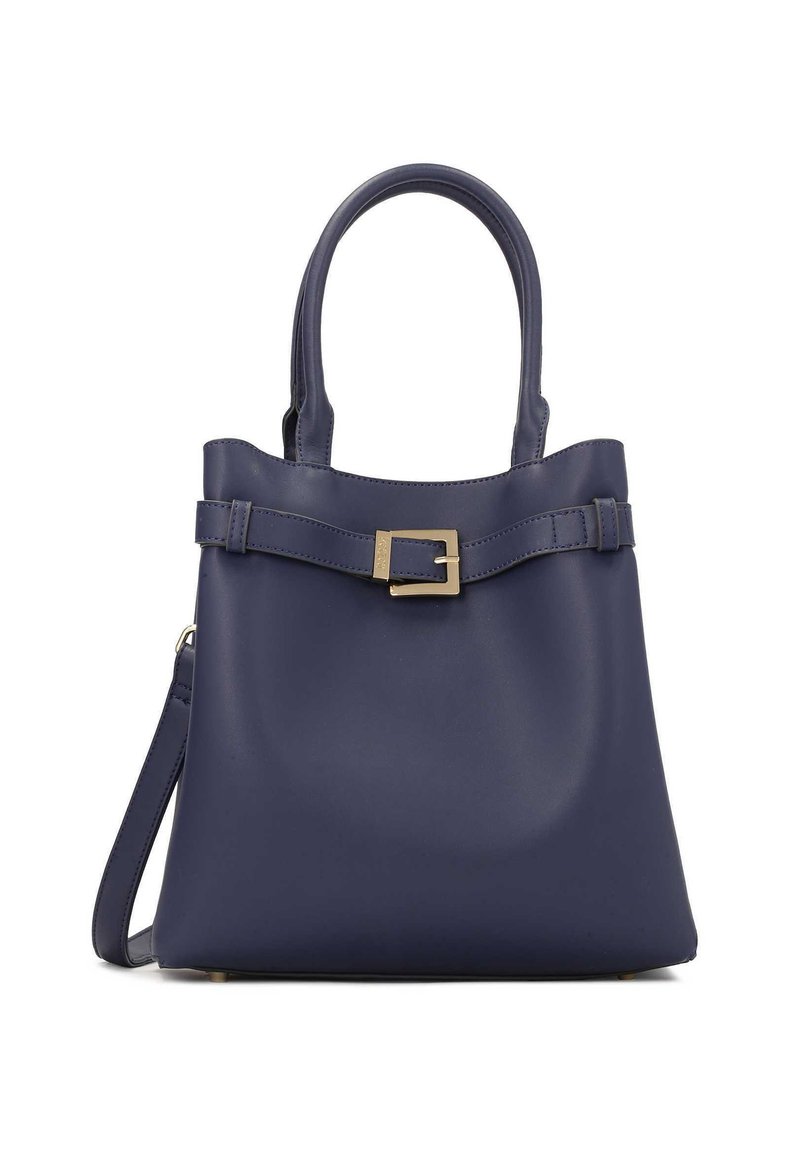 Námornícka kožená kabelka s dvoma rukoväťami a odnímateľným ramenným popruhom. Obsahuje zlatú sponu a má štruktúrovaný tvar. Hladký povrch.