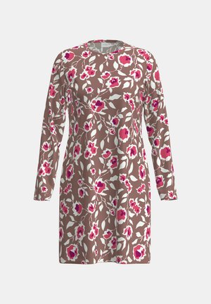 Long-sleeve dress in brown fabric with pink and white floral pattern. Rounded neckline and straight cut with soft texture.