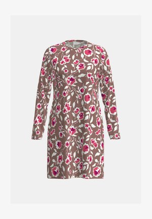 Langärmliges Kleid aus braunem Stoff mit pink-weißem Blumenmuster. Rundhalsausschnitt und gerader Schnitt mit weicher Textur.