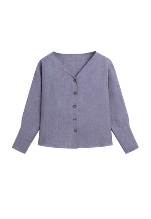 Chemisier en lin lavande avec un col en V, des boutons sur le devant et des manches longues. Présente une coupe décontractée et un tissu texturé.