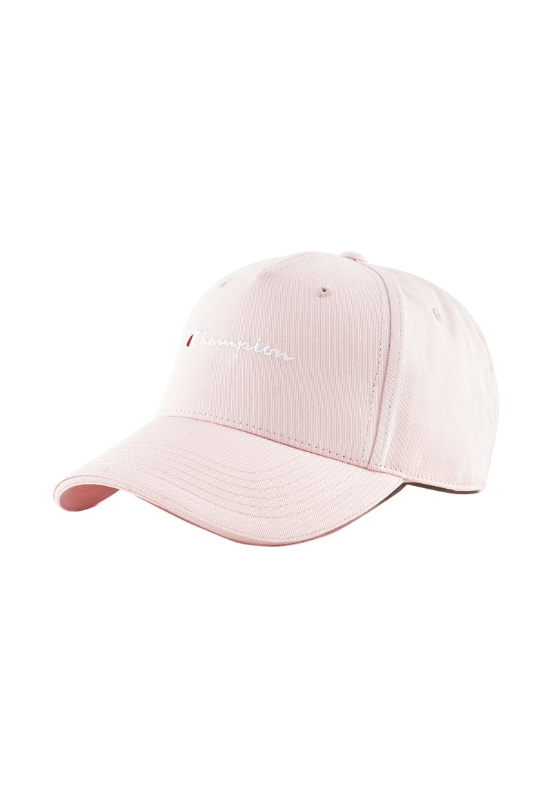 Rosa baseballkeps i tyg med en böjd skärm. Har vit broderad text "champion" på framsidan. Slät textur.