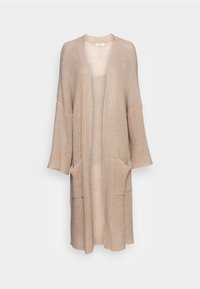 Cardigan beige in maglia con apertura frontale, maniche ampie e due tasche frontali. Tessuto strutturato con una vestibilità morbida e rilassata.