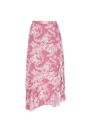 Roza cvetna midi krila s sproščenim dizajnom, ki vključuje bele botanične vzorce in asimetrično dno za dodatno podrobnost.