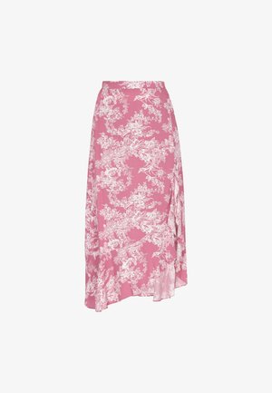 Roosa lilleline midi seelik voolava disainiga, millel on valged botaanilised mustrid ja asümmeetriline äär lisadetailiks.