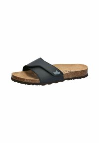 Black slide sandal with a wide strap, cork footbed, and textured rubber sole. Features a logo on the strap.