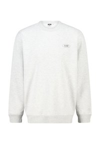 Sweatshirt gris clair en tissu doux. Il présente un col rond, des manches longues et un petit logo imprimé sur la poitrine. Poignets et ourlet côtelés.