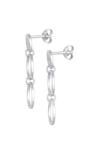 Orecchini a goccia in argento con forme ovali collegate, finitura lucida e chiusura a farfalla. La lunghezza è moderata con un design elegante.