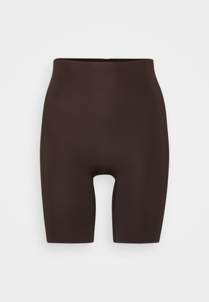 High-waisted brown bike shorts made from smooth, stretchy fabric. Features a fitted silhouette with an open crotch and no visible seams.
