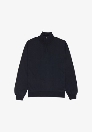 Czarna bluza z długim rękawem, z prążkowanymi mankietami i ściągaczem u dołu, wyposażona w kołnierz z zamkiem na ćwiartkę i subtelne haftowane logo na piersi.