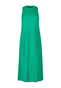 Robe longue verte sans manches avec un col rond et une coupe ample, présentée sur fond blanc.