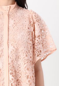 Bluse i blonder i myk rosa med intrikate blomster mønstre, høy krage og frontlukking med knapper. Korte, løst sittende ermer.