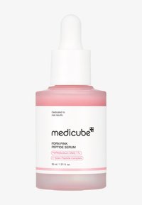Siero PDRN Pink Peptide in una bottiglia trasparente con un contagocce bianco. Liquido rosa chiaro, etichettato con i dettagli del prodotto in testo nero e rosa.