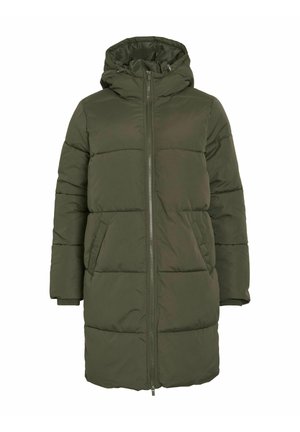 Cappotto imbottito verde oliva con cappuccio, zip frontale e due tasche laterali. Caratterizzato da un design trapuntato e polsini a coste per un calore aggiuntivo.