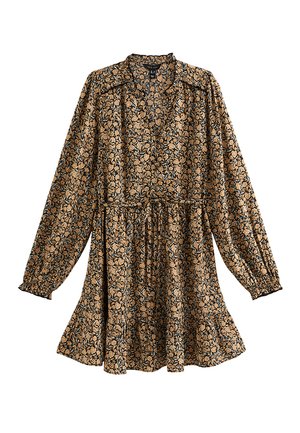 Lange mouwen bloemenjurk met geplooide taille, V-hals en gerimpelde zoom in zwart, beige en lichtbruine tinten.