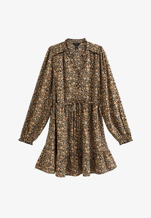 Long-sleeve floral dress with gathered waist, V-neck, and ruffled hem in black, beige, and light brown tones.
