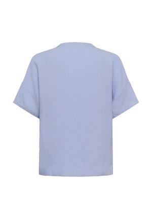 Blouse bleu clair à manches courtes, coupe ample, ourlet droit et encolure ronde simple, vue de dos sur fond blanc.