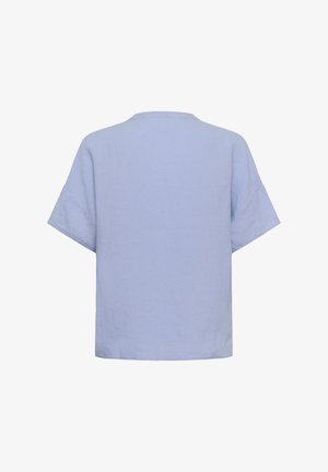Blouse bleu clair à manches courtes, coupe ample, ourlet droit et encolure ronde simple, vue de dos sur fond blanc.