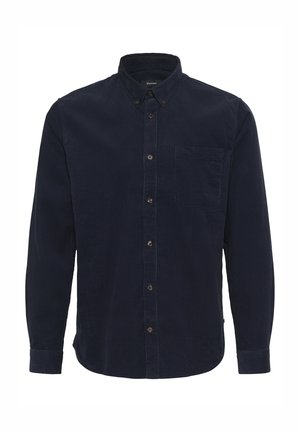 Dunkelblaues Langarm-Cordhemd mit Button-Down-Kragen, Brusttasche, braunen Knöpfen und geknöpften Manschetten.