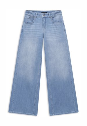 Hellblaue Jeans mit weitem Bein, Knopf- und Reißverschluss, vorderen und hinteren Taschen sowie Gürtelschlaufen.